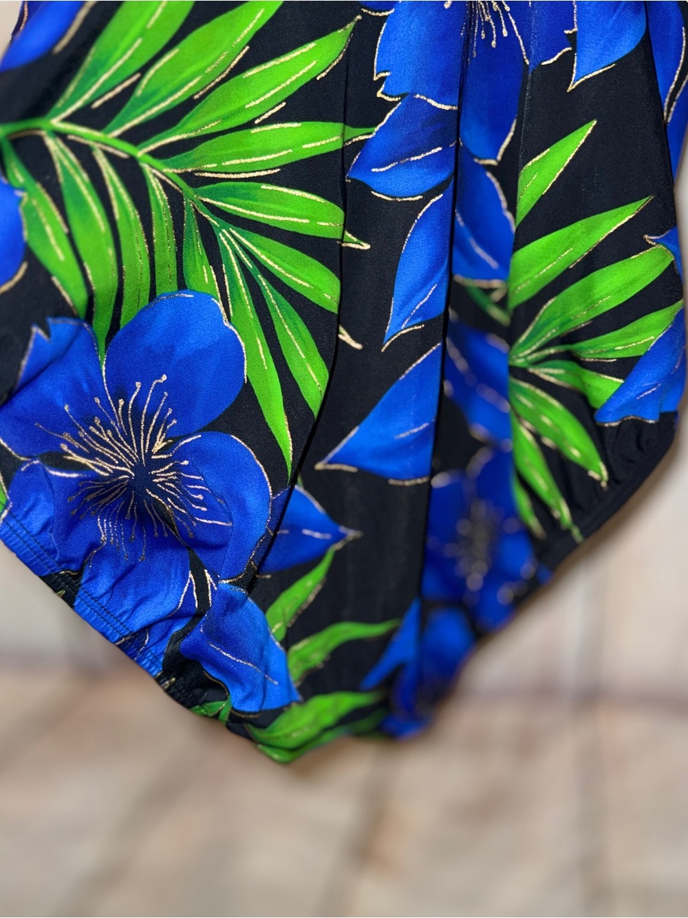 Longitude Long Torso Double X Back One Piece, Black Blue Good Floral, Sz 12 Tall - Picture 6 of 8